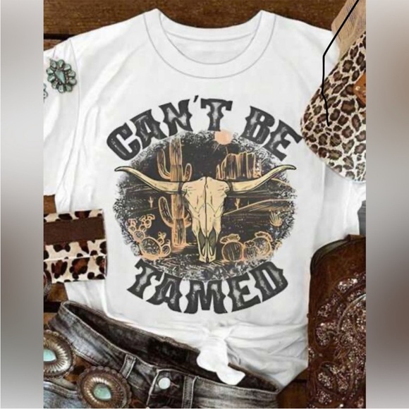 “Can’t be Tamed” Graphic Tee with Western Design - Picture 1 of 4